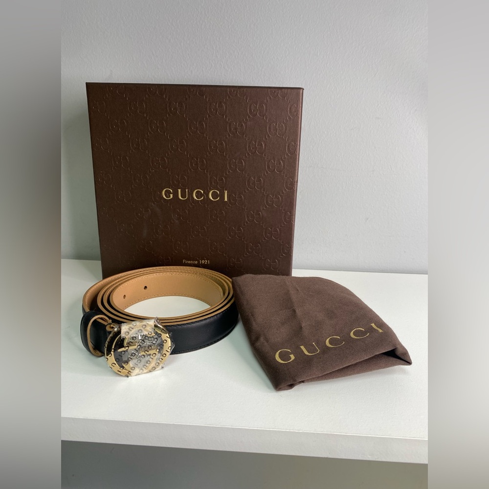 Designer NWT Gucci Interlocking GG 1.4 W Size 34-36 BLK Leather Belt